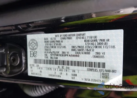 2023 Ford F150 Supercrew z USA, uszkodzony, nr VIN 1FTFW1E83PFA59080